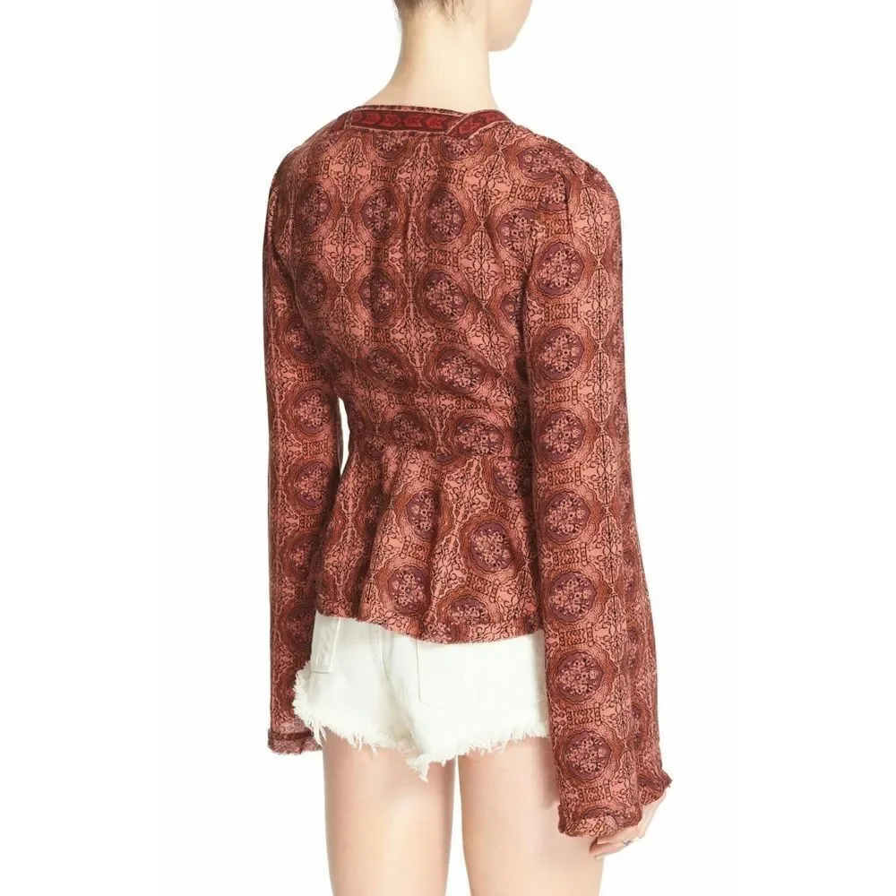 New! FREE PEOPLE Kaleidoscope Print V-neck Tie-front Long Bell Sleeve Top